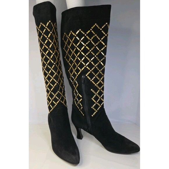 Stuart Weitzman New York Black Suede Knee High Boots-Gold Crosshatch Design Sz 7 - Picture 1 of 13